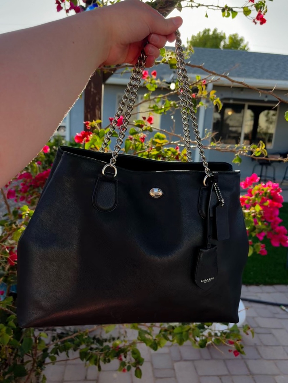 Coach Black Leather Shoulder Bag with Silver Chain Handles